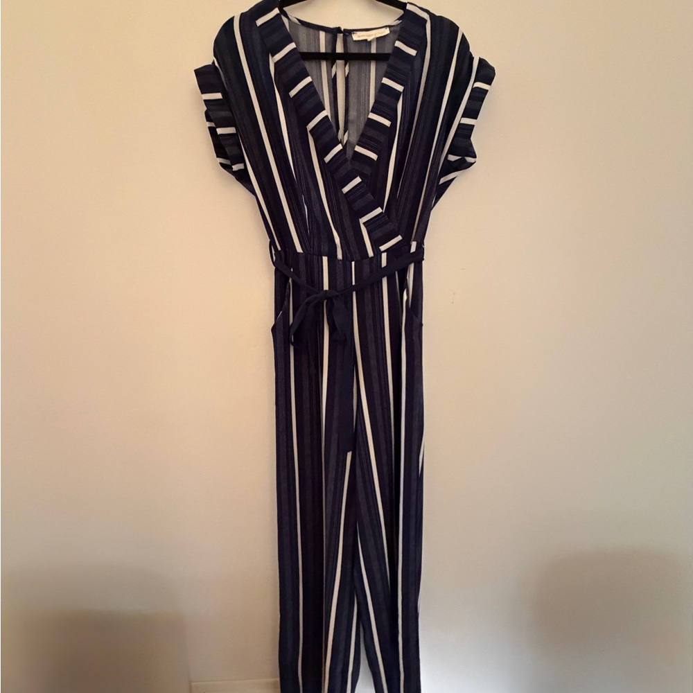 Monteau Jumpsuit Plunge Neckline |Navy & White Stripe